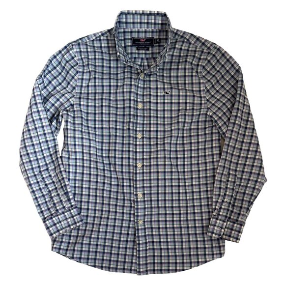 Vineyard Vines Boys Size Medium 12/14 Knit Long Sleeve Plaid Whale Button Down - Picture 1 of 5